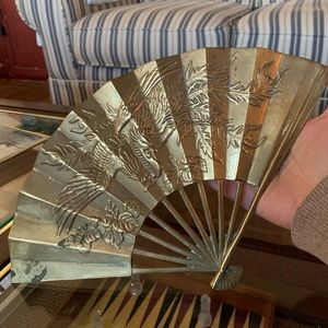 Vintage Solid Brass Oriental Hand Fan Dragon Phoenix Wall Decor MCM